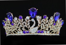 Swan Royal Blue Austrian Crystal Rhinestone Tiara Crown With Hair Combs T897