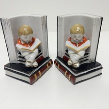 Pair Of Antique Bookends Vintage Porcelain Hand Painted Boy Reading Book End