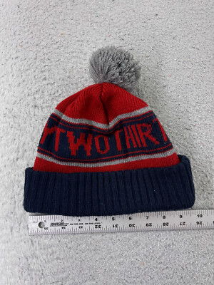 Two Thirty Beanie Toque Adult One Size Blue Red Stripe Knit 100% Acrylic Ski Pom