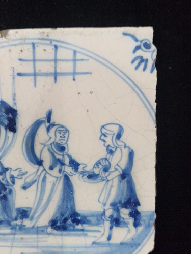 Antike Delfter Fliese aus dem 17. Jh. "Kopf Johannes des Täufers" Eckmotiv "Ochsenkopf" - Bild 6 von 7