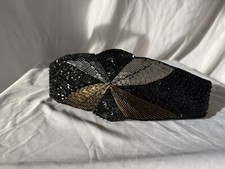 Vintage 80  s Beaded Satin Embellished Black Waist Band Belt