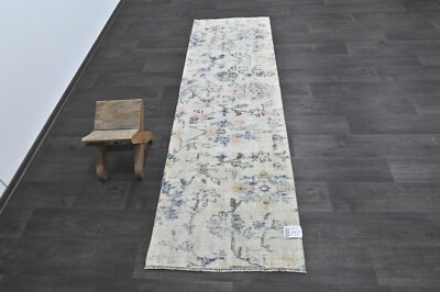 Vintage Turkish Runner Rug 2x7ft Wool Anatolian Handmade Hallway Oushak BEIGE
