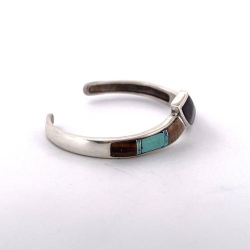 Sterling Silver Zuni Inlaid Cuff Bracelet Opal Turquoise Tiger Eye Jasper - Picture 4 of 8