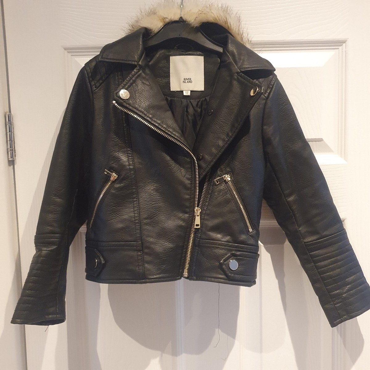 River Island Girls Leather Jacket with Faux Fur Long Detachable