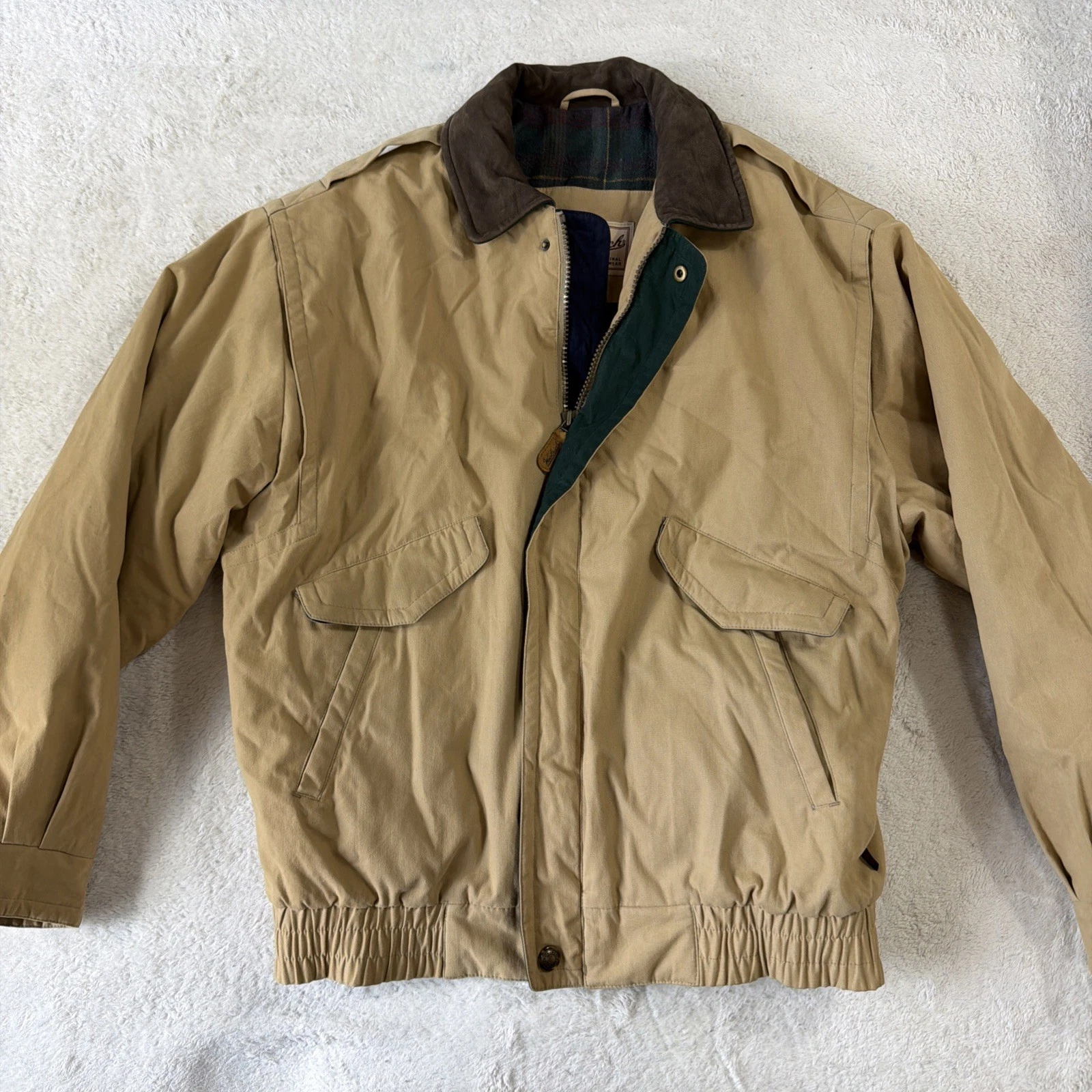 VTG Woolrich Field Jacket Sz LT Sand ~ Insulated, Microsuede Collar Cotton Blend