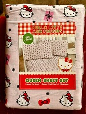 New Hello Kitty FULL Size Cotton Pink Sheet Set   Christmas Bows Santa Hat