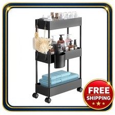 3 Tier Bathroom Storage Cart with Wheels Black Slim Organizer