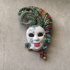 UNIQUE DIAMANTE ENAMEL WHITE FACE MASK BROOCH.