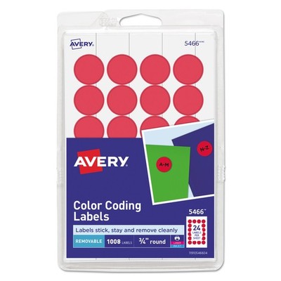 Avery  Printable Removable Color-Coding Labels, 3/4'' dia, Red, 1008/Pack