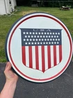 Vintage 1970s USA Patriotic Shield Metal Sign Plaque Advertising Display 19" Tin