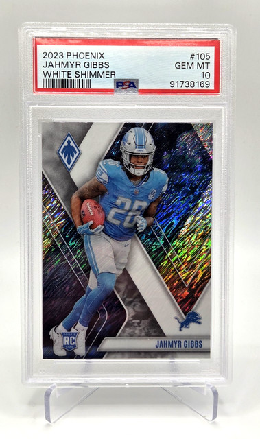 JAHMYR GIBBS 2023 Panini Phoenix {WHITE SHIMMER SSP} Rookie RC PSA 10; low pop