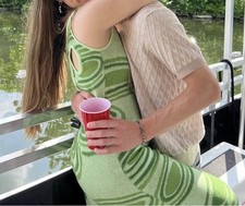 Green Geometric Knit Midi Bodycon Dress M Cut Out Sleeveless Scoop Neck