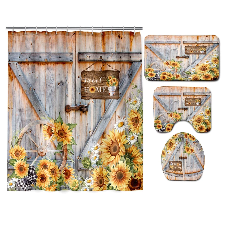 Juego de 4 cortinas de ducha de girasol con alfombras rústicas puerta de granero juego de baño H... Foto 2 de 4