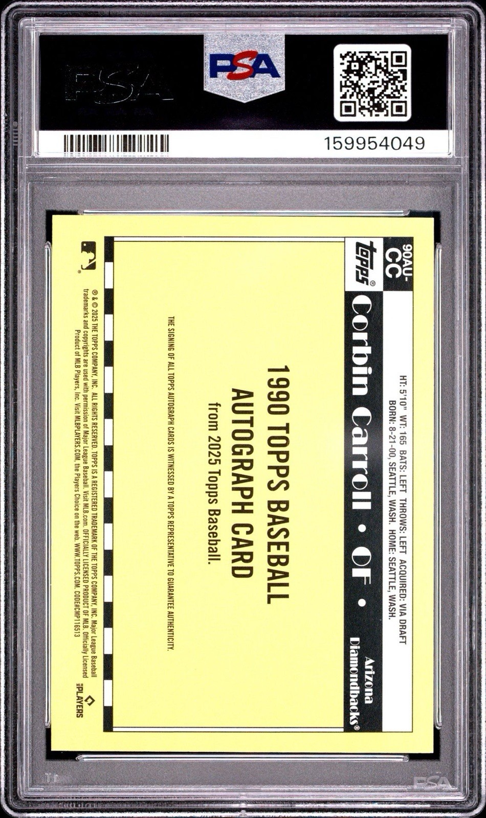 2025 Topps Update Corbin Carroll 90AU-CC 1990 Orange Auto 25/25 PSA 8.5 Bookend view 2