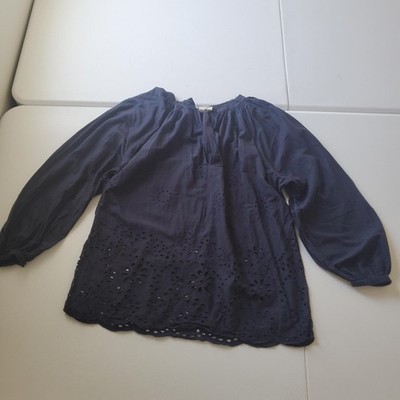 Nili Lotan Tunic Blouse Womens XS Blue Eyelet Embroidered Long Sleeve Top