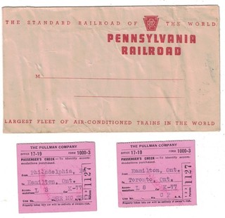 1936 PENNSYLVANIA RAILROAD TICKET HOLDER ENVELOPE & 2 STAMPED PULLMAN TICKETS