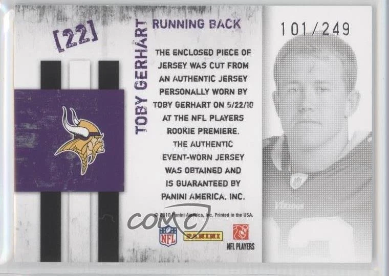 2010 Rookies & Stars Longevity Freshman Orientation Jerseys /249 Toby Gerhart RC - Image 2 of 2