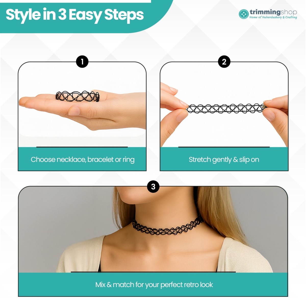 Lxtness 3 Sets Schwarz Halsketten-Set - 18 Stück Hohlgewebe Halskette & Armband & Ring Choker Sets Stretch Tattoo Halskette Elastische Halsband Gothic Vintage 80er 90er Jahre Stil, Boho-Stil