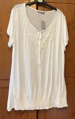 BNWT TU White Jersey Crochet Lace Tie Neckline Elasticated Hem T Shirt Top UK18