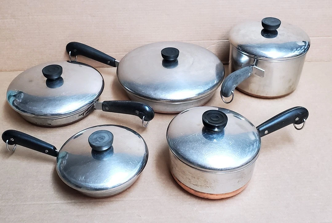 10 Piece Vtg Revere Ware 1801 Copper Bottom Cookware Set Pre 68 Dbl Ring logo