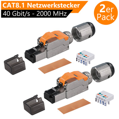 2x Netzwerkstecker CAT8 RJ45 Stecker 2000MHz CAT 8.1 werkzeuglos Knickschutz
