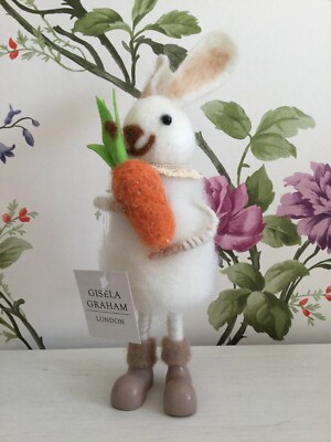 Gisela Graham Wollmix weiß stehender Hase mit Karotte Osterdeko 21 cm 