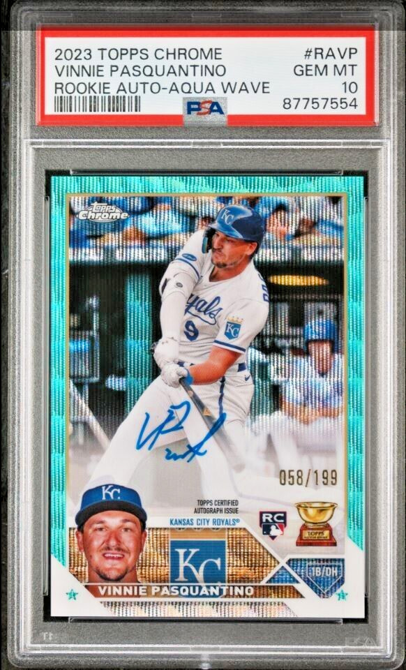 2023 TOPPS CHROME ROOKIE AUTO AQUA WAVE #/199 VINNIE PASQUANTINO RC PSA 10 POP 9