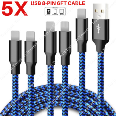 5Pack Bulk 6Ft Heavy Duty For iPhone 14 13 11 8 6 Charger USB Fast Charger Cable