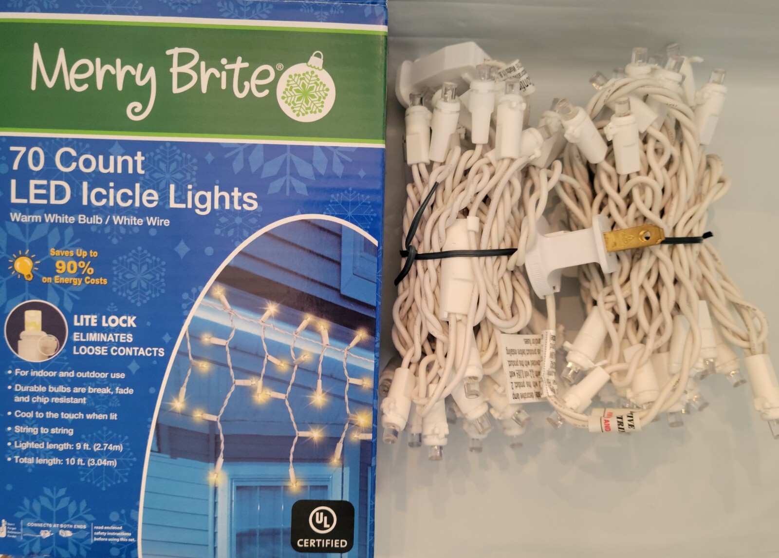 Lot of 2 Merry Brite 70Ct Holiday LED Icicle String Lights Warm White White Wire eBay