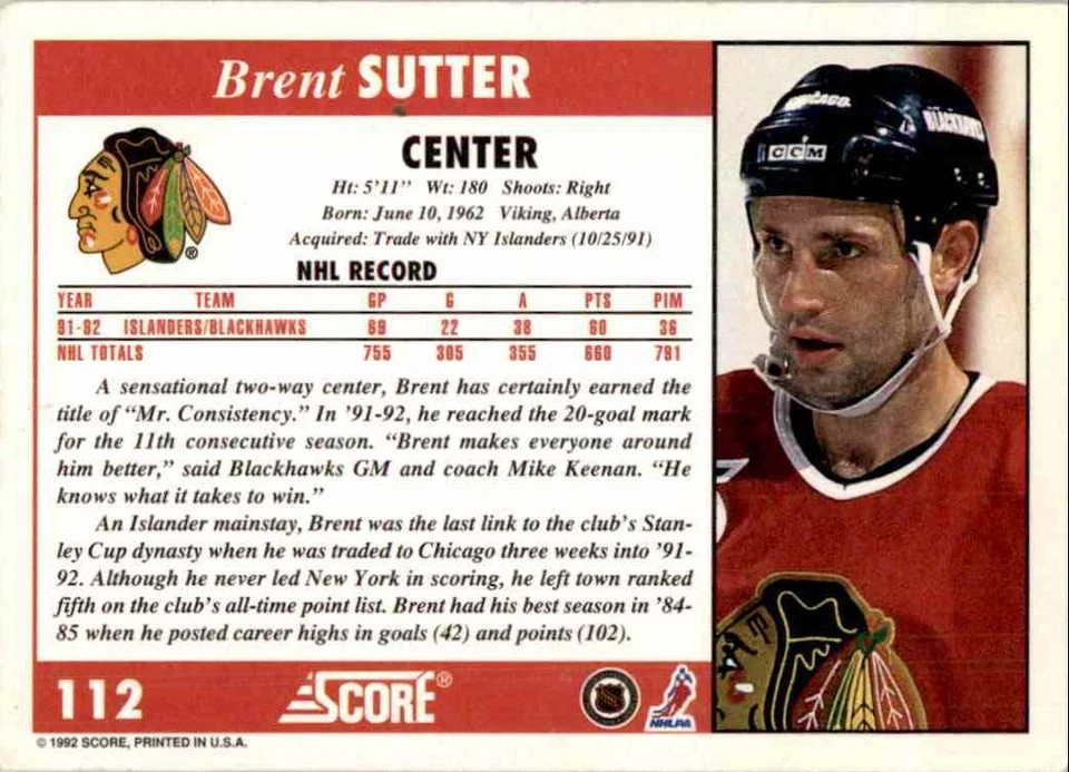1992-93 Score Brent Sutter #112 - Image 2 of 2