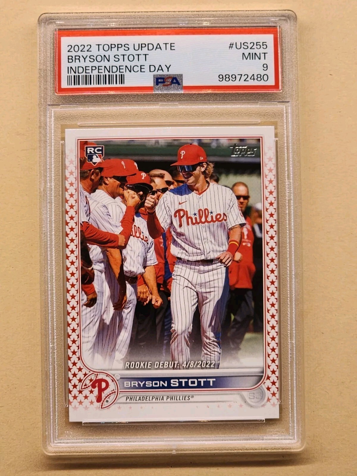 2022 Topps Update Independence Day RC Debut #US255 Bryson Stott /76 PSA 9 MINT