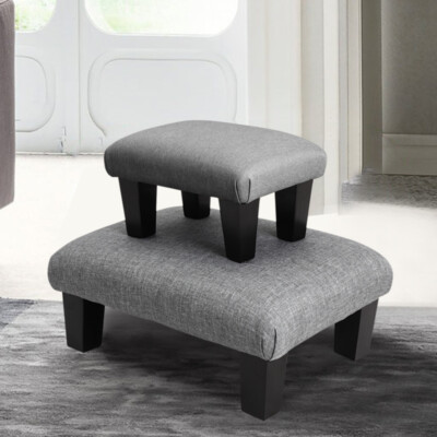 Linen Small/Large Wooden Footstool Footrest Pouffe Padded Seat Ottoman  FootStool UK