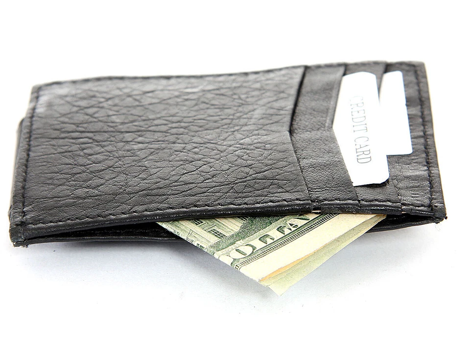 Leather Slim Design Magnetic Money Clip 3 Credit Card Holder Black Men's Wallet Foto 3 de 4