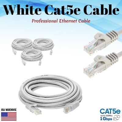 Cat5e Ethernet Patch Cable White 1.5 3 5 6 7 10 15 20 25 30 50 75 100 200 FT Lot
