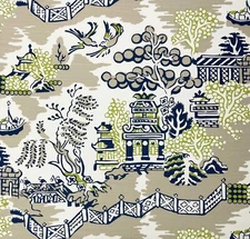 THIBAUT LUZON NAVY BLUE ON BEIGE ASIAN TOILE MULTIUSE LINEN FABRIC BY YARD 54"W