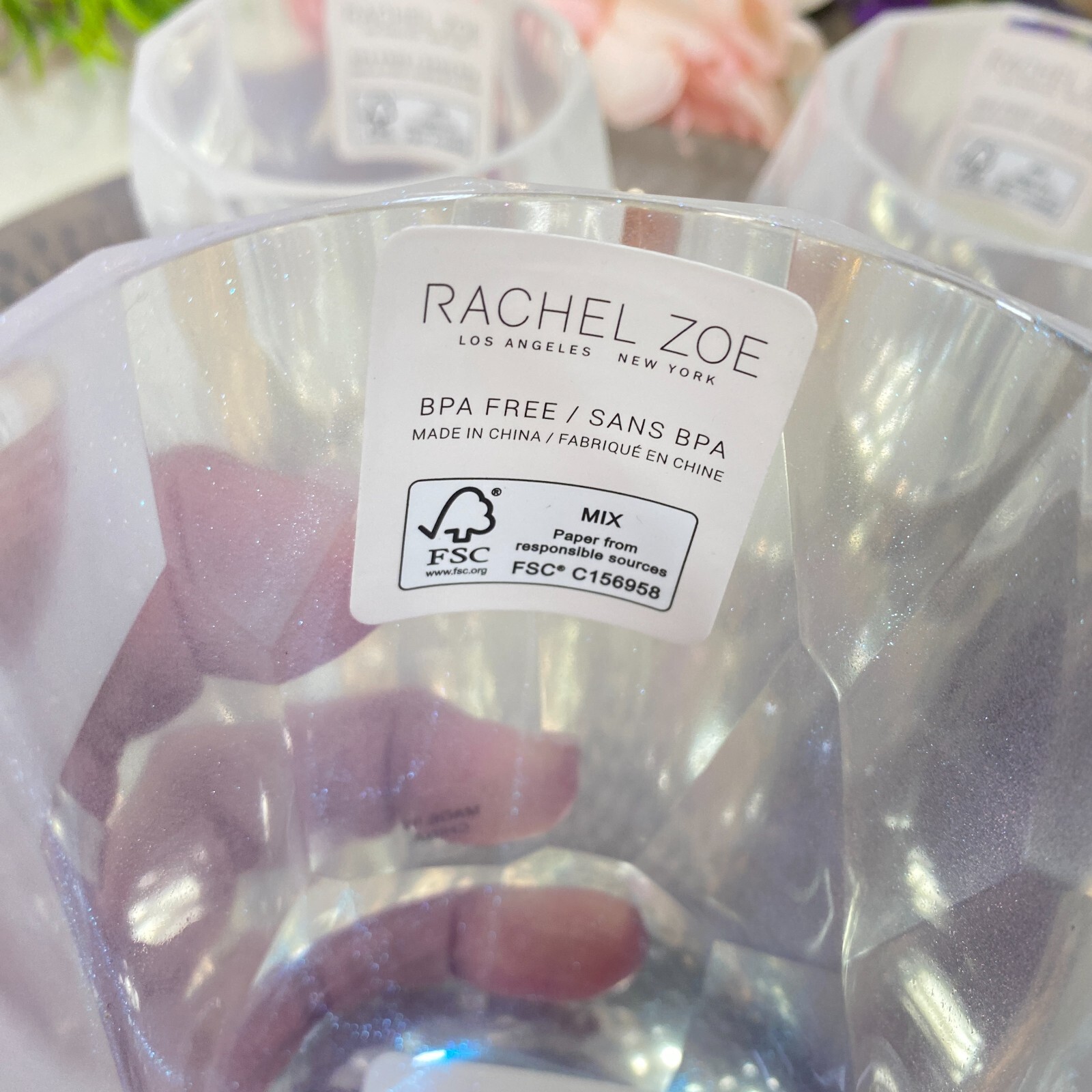 RACHEL ZOE White Iridescent ACRYLIC CUT CRYSTAL Stemless WINE GLASSES