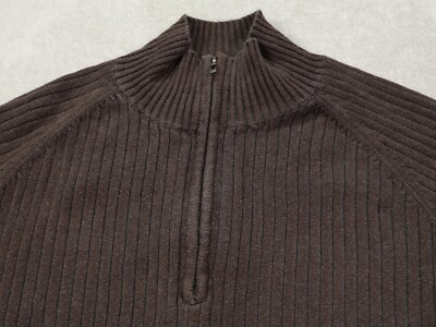DKNY Mens L Brown Sweater Knit Mock Neck 1/4 Zip Wool Blend