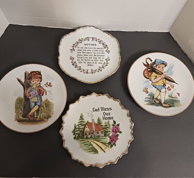 Vintage  Decorative Wall Plates Set of 4 Mother Plate,God Bless Our Home ,2 Boy 