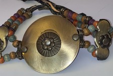 Vintage Hand Made Beaded Brass Metal Buckle Belt Boho Hippie Statement Leather
