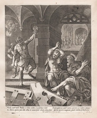 Sadeler de Vos / Freeing Silas and Paulus from prison engraving Kupferstich 1580