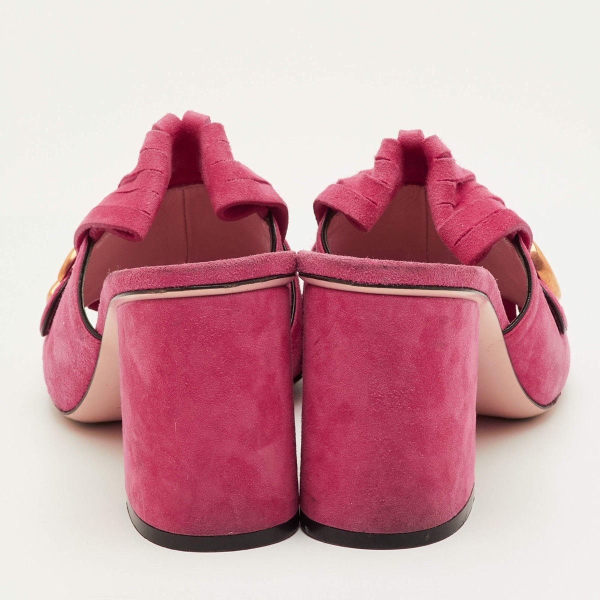 Gucci GG Marmont Fringe Pink Suede Leather Open Toe Slide Sandals