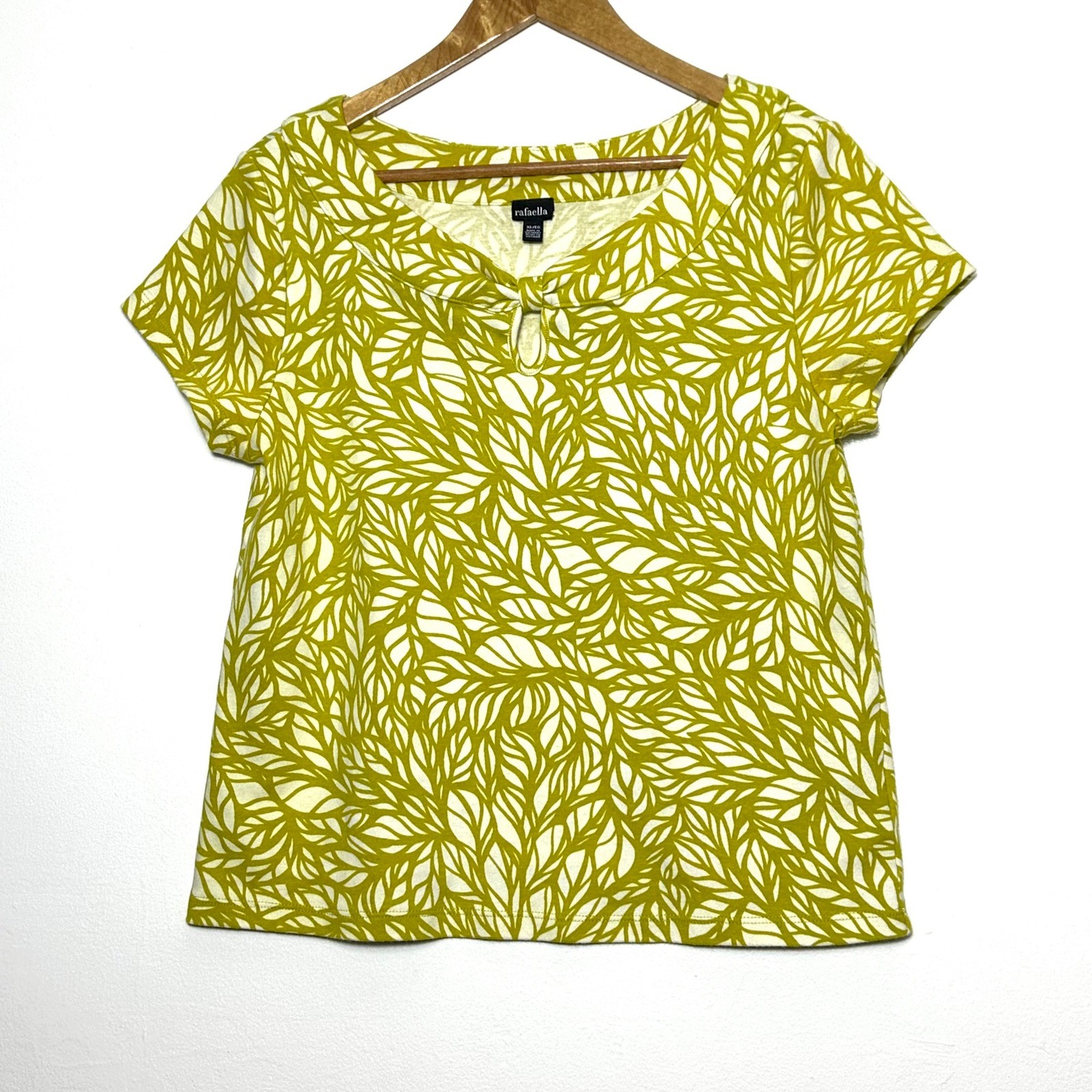 Rafaella Shirt Womens XL Olive Green White Leaf Knotted Neck Cotton Short Sleeve