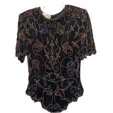 Vintage Laurence Beaded Sequin Small Top Black Silk Asymmetrical 70's Floral