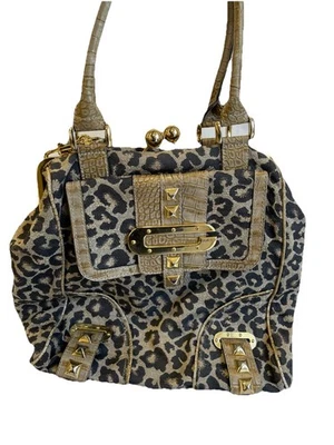 S0# Bolso de Mano GUESS Jungle Cat Estampado de Leopardo Borde de Cocodrilo Dorado Y2K LI906502 - Imagen 1 de 4