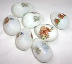 7 Vintage Milk Glass Blown Hand Painted Easter Eggs - Bunnies/squirrels
