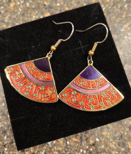 National Palace Museum Gold Tone Enameled Fan Hook Drop Earrings