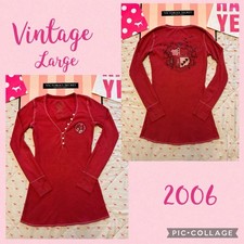 VS PINK VINTAGE Y2K THERMAL HENLEY BABYDOLL DRESS RED ROCK & ROLL LOGO RARE HTF