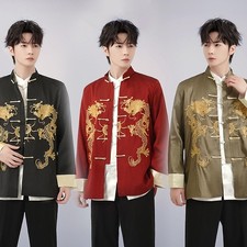Chinese Mens Embroidered Dragon Tang Suit Set Kungfu Spring Shirt Satin Tops