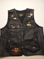 Harley Davidson Men's Black Leather Motorcycle Vest Made in USA Pins Patches LG