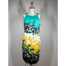 Tahari Sheath Dress 8 Abstract Floral Colorful Turquoise Yellow Knee Length